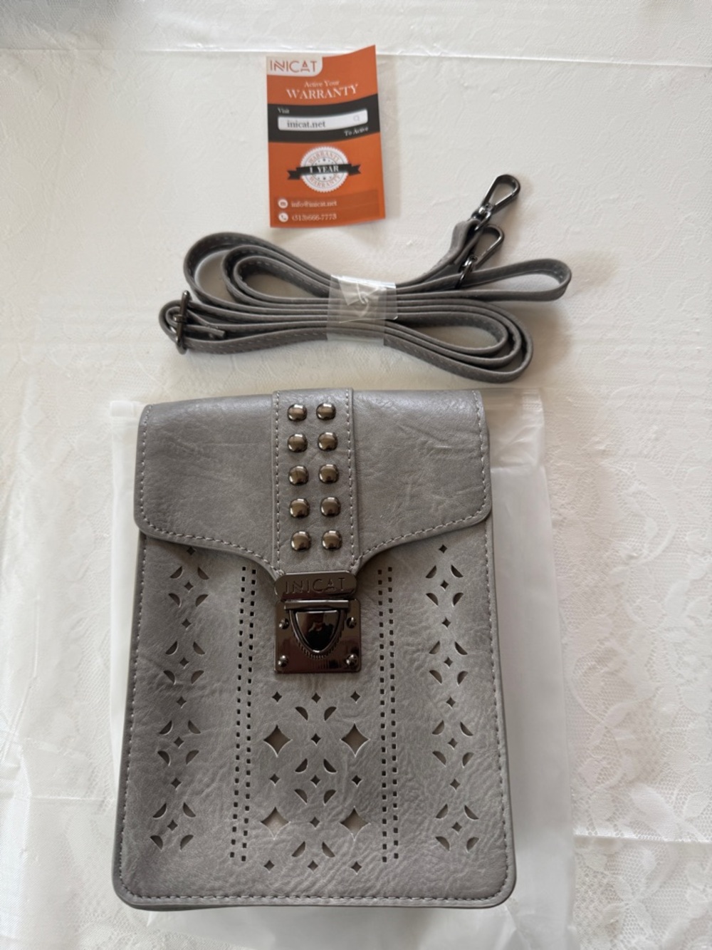 Inicat Silver Gray Laser-Cut Crossbody with Studded Flap New Bag